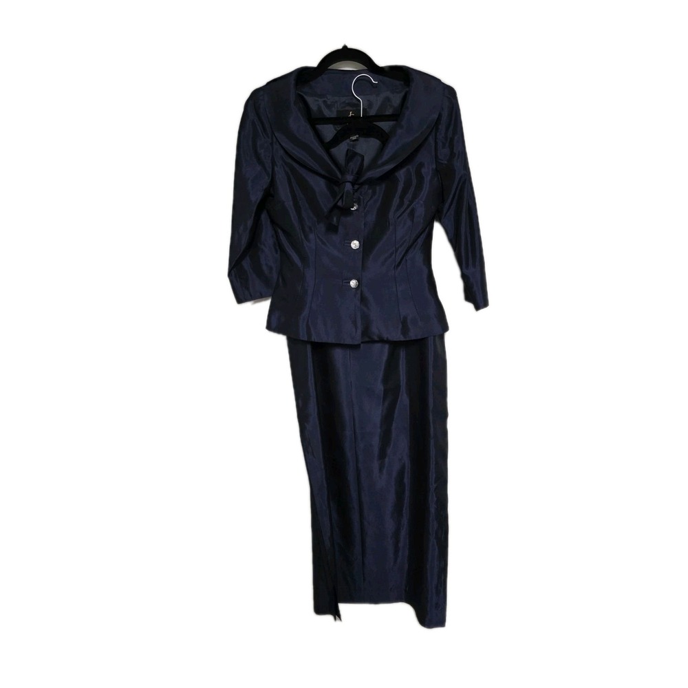 ✨ JS Collections Navy 2-Piece Skirt Suit Bow Blazer Acetate Formal US 4 ✨